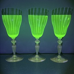 Vintage Huntington Uranium Green Optic Clear Glass Set of 3 Water Goblets