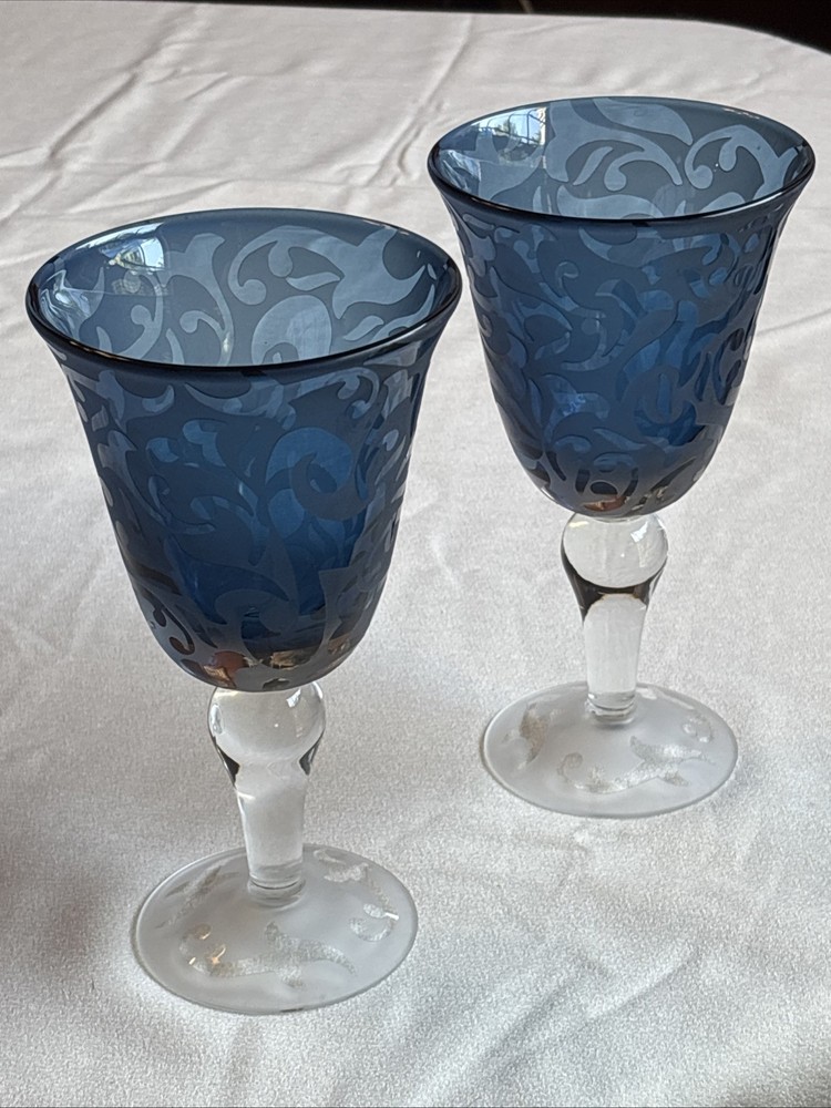Vintage Michael Weems 2002 Blue Etched Glass Wine Glasses Set of 2