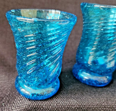 Vintage Mid Century Hand-Blown Spiral Swirl Blue Glasses 6 Mini Small 3″ Footed