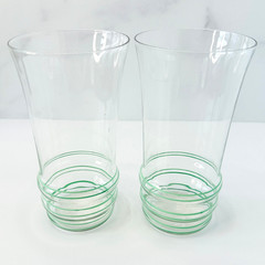💠 MCM Decorated Tumblers with Green Stripes – Clear Glass Ribbed – EUC