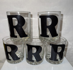 Black Monogram R Lowball Glasses x5 vintage 1970s retro mid century modern