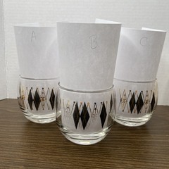 Vintage Federal Glass MCM Gold Black Harlequin Roly Poly Atomic Set of 3 Barware