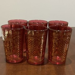 Vintage Timon Collizione Cranberry Red Glassware With Gold Leaf Designs Set 14