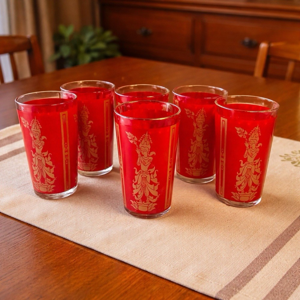 Vtg Culver Thai Goddess Mandalay Highball Glasses – Set 6 – Red Gold – 22K – MCM