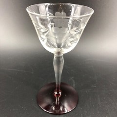 Vintage Cordial Goblet Ruby Red Foot Clear Cup & STem Flower Etched 5” Tall