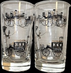 MCM 1950s Hi-Ball Rocks Glasses W HORSELESS CARRIAGE DESIGN BLACK GOLD 2 LIBBEY