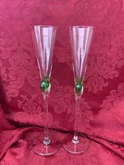 FLAWLESS Unique MURANO Art Glass Green Pair SNAIL Crystal CHAMPAGNE WINE FLUTES