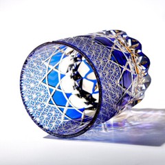 A Set of 2pcs Hand Cut Blue 9oz Edo Kiriko Crystal Whiskey Glasses Gift Packing