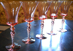 Vtg Set 5 TIFFIN FRANCISCAN Water Goblet Glasses PINK SWIRL OPTIC 8.75″ 15022
