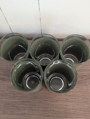5 JEANNETTE HARP AND LYRE GREEN AND GOLD 12 OZ. DRINK GLASSES