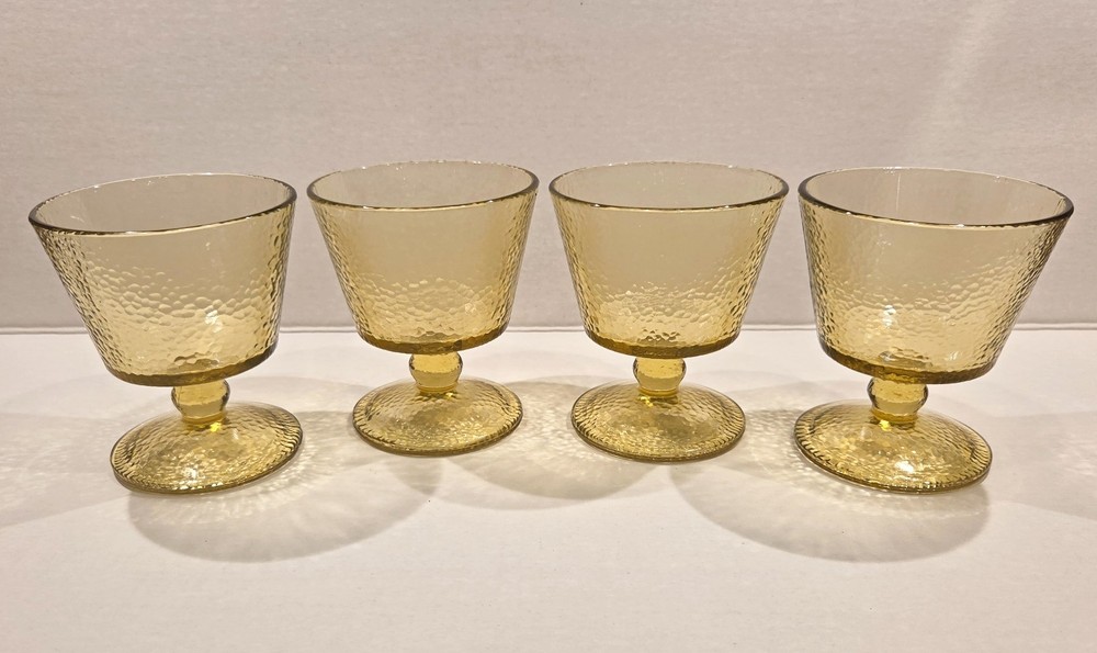 4 Vtg Hazel Atlas Pebblestone Amber Footed Glasses, Textured Dessert Glasses Cup