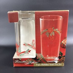 NOS 4 Holiday Poinsettia and Ribbons Glass Tumblers Anchor Hocking Flat bottom