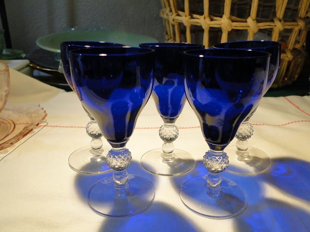 5 Morgantown Ritz Blue Golf Ball Old English Cordials, Exc. Cond. 4″ Tall