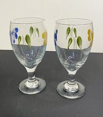 Set Of 2 Handpaint Italy Libbey La Primula Daisy Floral Yellow Blue Glass Goblet
