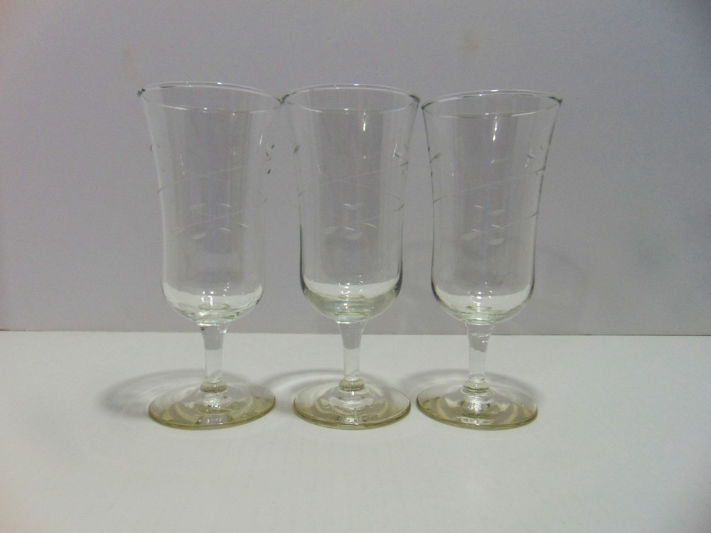 3 Libbey Interlude Parfait Glasses Smooth Stem Gray Cut Swirl Leaves 1968- (C)