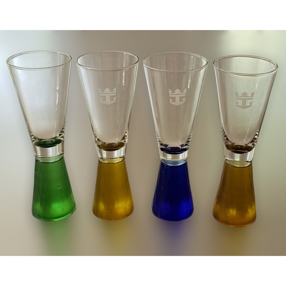Vintage Royal Caribbean Cruise Lines Blue Gold & Green 1.5oz Footed Shot Glasses