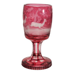 Bohemian Cranberry Ruby Cut Glass Deer Etched Goblet Glass 6.5″ H