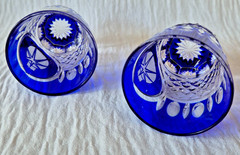 AJKA CHRISTMAS COBALT BLUE LEAD CRYSTAL VODKA SHOT GLASS, SET OF 2, MARKED
