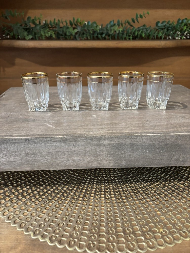 5 Mid Century MCM Federal PARK AVENUE Glasses Set REGAL GOLD Rimmed SHOT TUMBLER