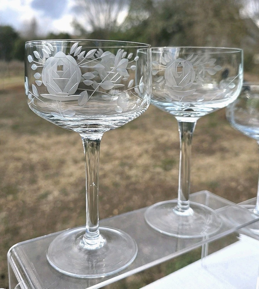 Vtg 60s Wine Glasses HOMER LAUGHLIN LIFETIME CRYSTAL Cut Roses Cocktail Barware
