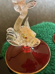 Murano Glass Venetian Ruby & Gold Glasses w/Gold Flake Dolphin Stems Pair w/Tags