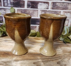 Set Of 2 Brown Tan Glazed Stoneware Studio Pottery Goblets