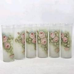VINTAGE Libby Frosted Tom Collins Glasses Hand-Painted Floral Roses Set of 6