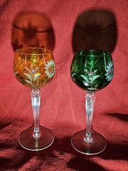 Hollywood Regency German Hand Cut Amber Green Crystal Wine Glasses 7.5 Inches