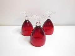 3 VINTAGE ANCHOR HOCKING RUBY BUBBLE FOOT JUICE/WINE GLASSES 4 1/8″