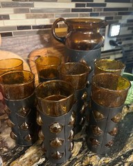 Vintage Mexican Imprisoned Pitcher 7 Glass Tumblers Felipe Derflinger