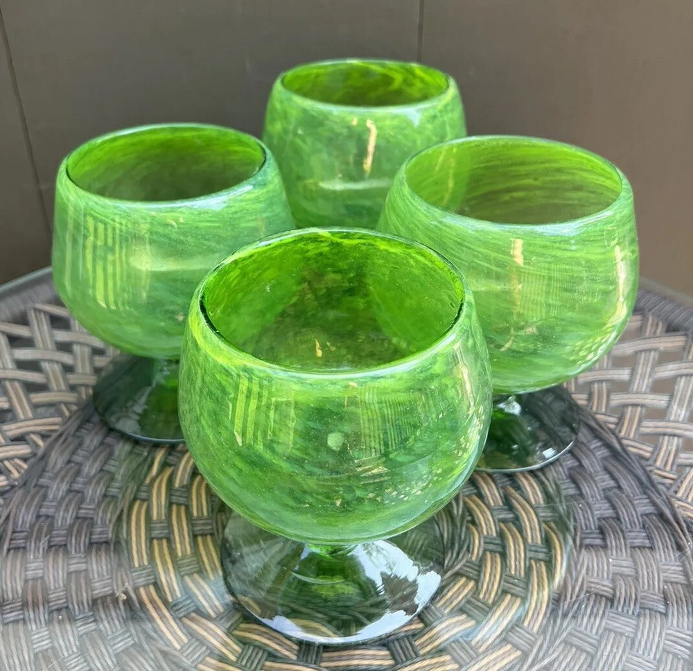 4 CRATE & BARREL Handblown Apple Green Glass Goblets Brandy Snifters Mexico