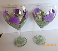 Hand Painted Set of 2 Large Wine Glasses-Lilac’s and Leaves 8 1/4″