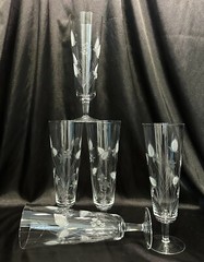 Vintage Set Of 5 Clear Glass Etched Berries/Leaves Footed Pilsner Glasses 8”H