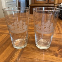 Vintage Clear Glass Beer Glass Tumbler Water Sail Boat Ship Viking Set 2