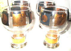Vintage Federal Glass Cera Beer Goblets Black & Gold Coins Set of 4