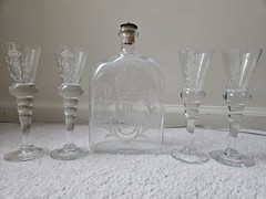 Glass Flask & Four Crystal Liquor Glasses