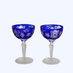 Antique Bohemian Cobalt Blue Floral & Grape Cut To Clear Crystal Wine Goblets