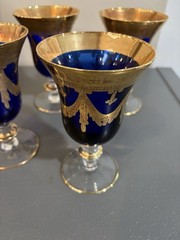 VTG Horchow Italian Cobalt Blue Crystal 4 Wine Water Goblets 6.25″ 24K Gold Trim