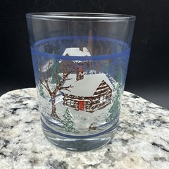 VTG Culver Old Fashioned Log Cabin Winter Scene Barware Rock Glasses Lodge Set-6