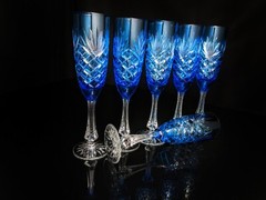 Faberge Sky Blue Colored Crystal Champagne Flutes Set of 6 NIB