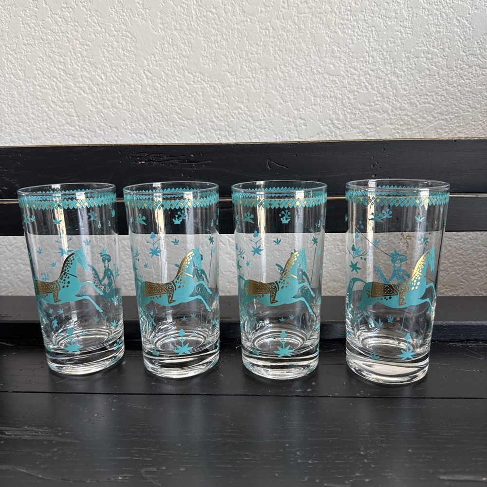 Vtg 4 CERA Persian Polo Riders Barware Turquoise Gold Highball Glasses MCM