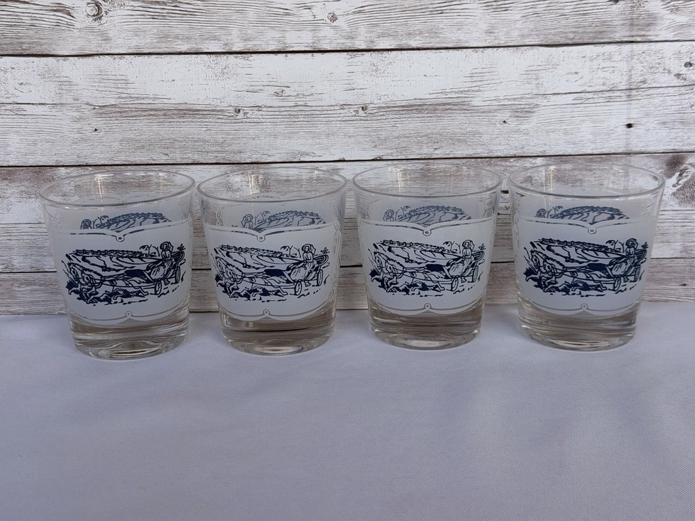 Vintage Currier & Ives Blue White Rocks Glasses Set of 4 Old Fashioned Tumblers