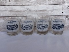 Vintage Currier & Ives Blue White Rocks Glasses Set of 4 Old Fashioned Tumblers