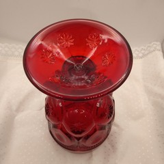 Vintage L.G. Wright Red Glass Water Goblet Pedestal Stars Thumbprint Thick 6″