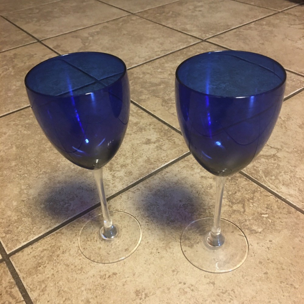 Two Stunning Cobalt Blue 9 oz Wine Glasses with Clear Stem, 8 1/4” Tall, Vintage