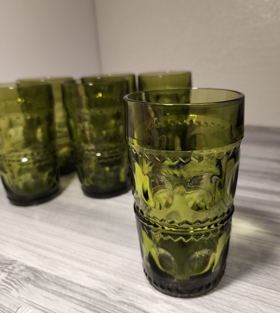 6 Vintage 1960s Indiana Glass Kings Crown Thumbprint Tumblers Avocado Green MCM