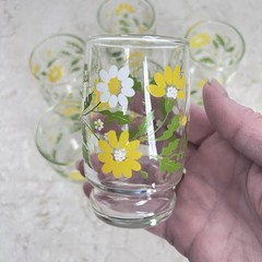 3 Glasses Vintage MCM Daisy Yellow White Green Floral Juice Glass LIBBEY