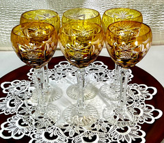 Cut to Clear Glass Crystal 8” Set 6 Nachtmann Amber Yellow Wine Glasses Goblets