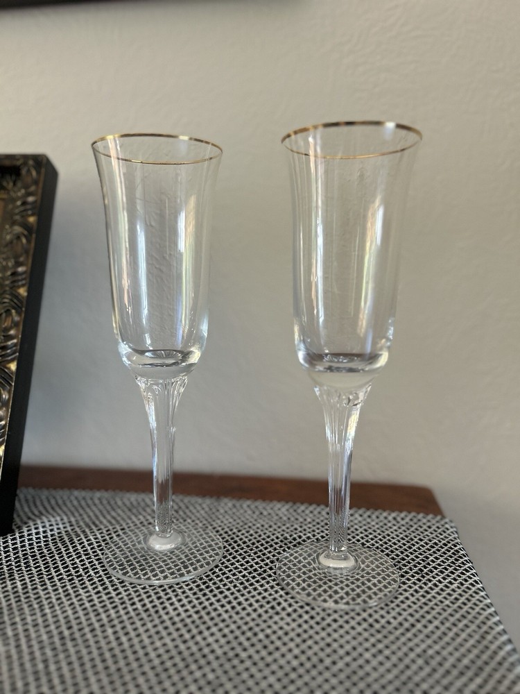 Set of 2 Mikasa Golden Lights Champagne Flutes , Gold Rim.