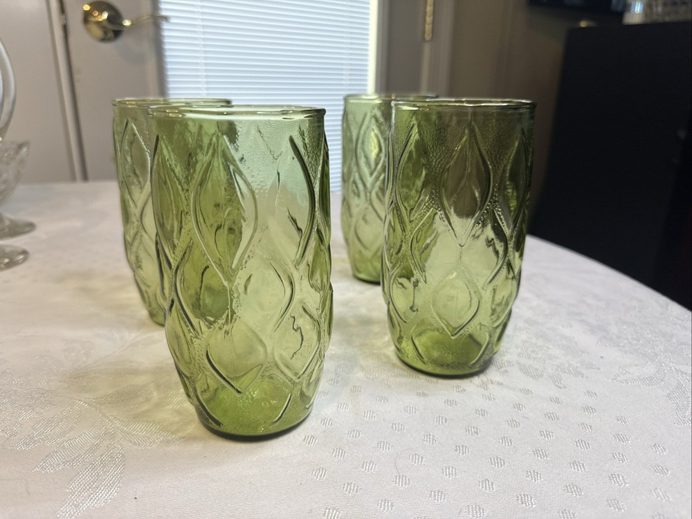 1970s Anchor Hocking Madrid Tumblers 4pc Avocado Green Vintage 12 oz